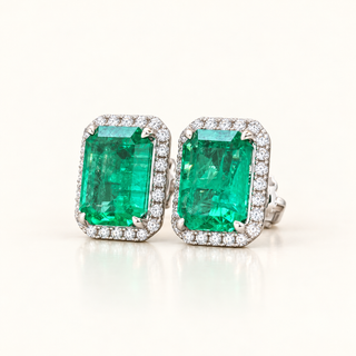 5.84 Carats Natural Colombian Emerald Diamond Halo Earrings in 14K Gold