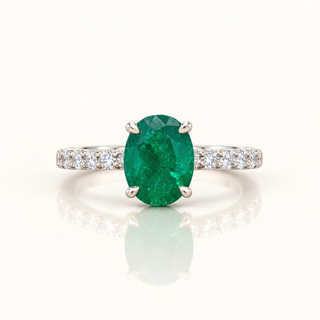 3.23 Carat Classic Natural Oval Cut Green Zambian Emerald Ring Mounted in 14K Gold