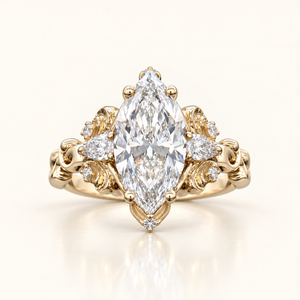 2.24 Carats Heirloom-Style Marquise Diamond (LGD) Ring with Sculpted Gold Filigree in 14K Gold