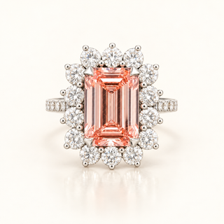 7.16 Carats Pink Emerald-Cut Center (LGD) and Round Diamond Halo Ring in 14K Gold