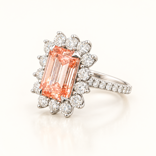 7.16 Carats Pink Emerald-Cut Center (LGD) and Round Diamond Halo Ring in 14K Gold
