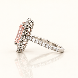 7.16 Carats Pink Emerald-Cut Center (LGD) and Round Diamond Halo Ring in 14K Gold