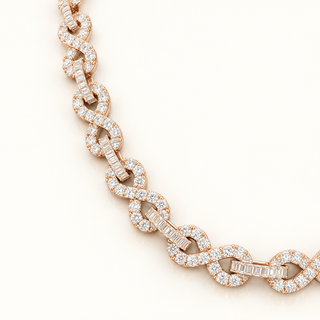 55 Carats Infinity Necklace Set with Round and Baguette Diamonds in 14K Gold