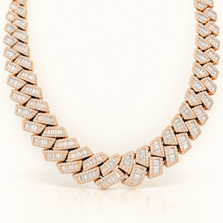 45 Carats Baguette and Cuban Diamond Chevron-Pattern Necklace in 14K Gold