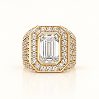 8.35 Carats Emerald-Cut Bezel Diamond Ring with Double Halo and Pavé Band in 10K Gold