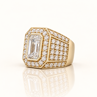 8.35 Carats Emerald-Cut Bezel Diamond Ring with Double Halo and Pavé Band in 10K Gold