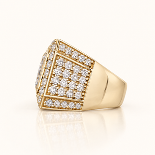 8.35 Carats Emerald-Cut Bezel Diamond Ring with Double Halo and Pavé Band in 10K Gold