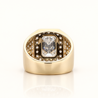8.35 Carats Emerald-Cut Bezel Diamond Ring with Double Halo and Pavé Band in 10K Gold