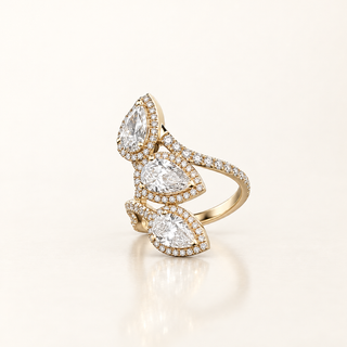 THALIA – 3.5 Carat Three-Stone Pear LGD Ring in 14K Yellow Gold